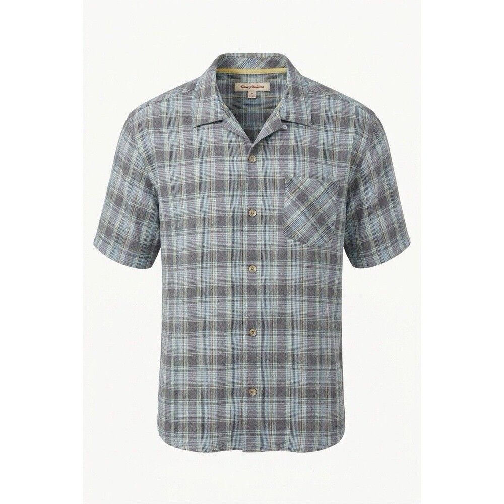 Tommy Bahama Mens XL Shirt Short Sleeve 100% Linen Plaid Camp Blue Gray
